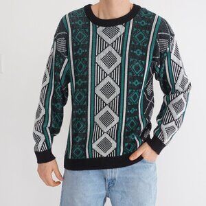 Vintage Sears Black Green Geometric Knit Crewneck Sweater Pattern Texture M